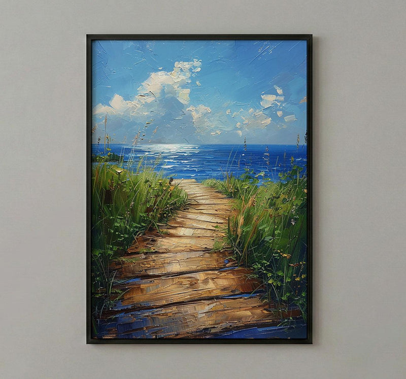 Wooden Boardwalk Lake Art Print, Green Summer Grass Decor - Hidden Blue Water View