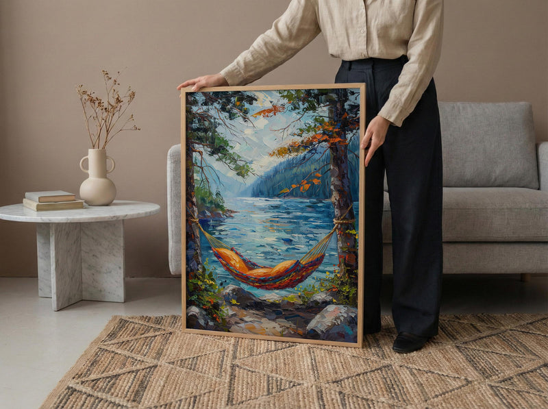 Colorful Hammock Pine Wall Art, Cozy Summer Forest Decor - Bright Blue Lake Scene
