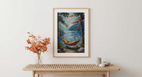 Colorful Hammock Pine Wall Art, Cozy Summer Forest Decor - Bright Blue Lake Scene
