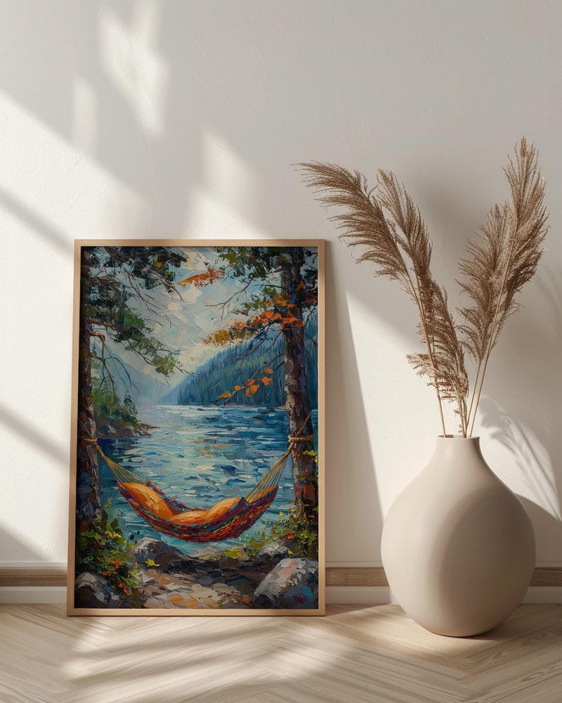 Colorful Hammock Pine Wall Art, Cozy Summer Forest Decor - Bright Blue Lake Scene