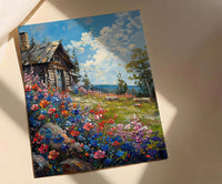 Wild Berry Bush Cabin Poster, Vibrant Summer Nature Decor - Red Blue Fruit Landscape