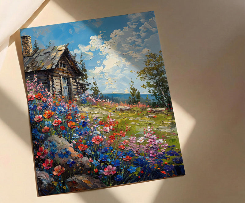 Wild Berry Bush Cabin Poster, Vibrant Summer Nature Decor - Red Blue Fruit Landscape