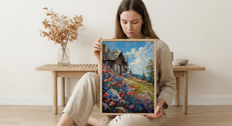 Wild Berry Bush Cabin Poster, Vibrant Summer Nature Decor - Red Blue Fruit Landscape