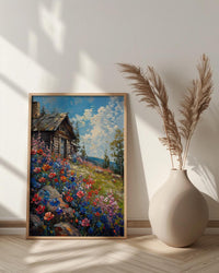 Wild Berry Bush Cabin Poster, Vibrant Summer Nature Decor - Red Blue Fruit Landscape