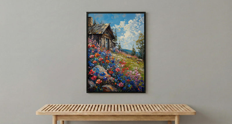 Wild Berry Bush Cabin Poster, Vibrant Summer Nature Decor - Red Blue Fruit Landscape