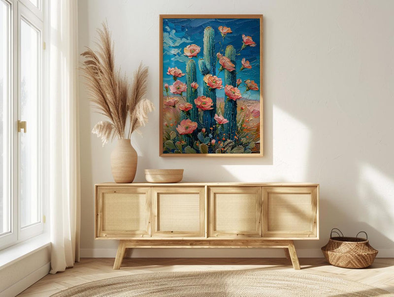 Saguaro Cactus Desert Art Print, Arizona Boho Nature Decor - Pink Summer Flower Bloom