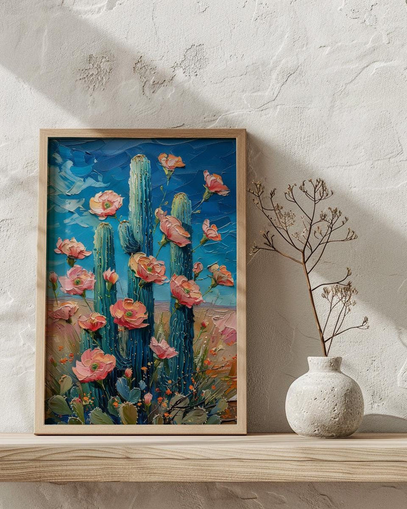 Saguaro Cactus Desert Art Print, Arizona Boho Nature Decor - Pink Summer Flower Bloom