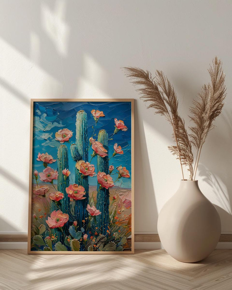 Saguaro Cactus Desert Art Print, Arizona Boho Nature Decor - Pink Summer Flower Bloom