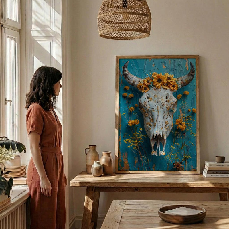 Cow Skull Desert Art Print, Boho Southwestern Wall Decor - Yellow Wildflower Summer Scene
