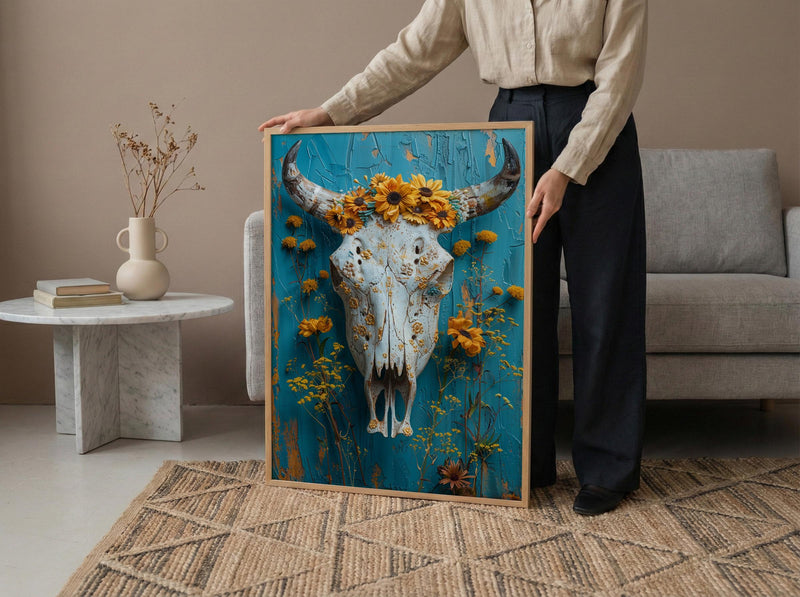 Cow Skull Desert Art Print, Boho Southwestern Wall Decor - Yellow Wildflower Summer Scene