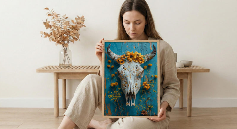 Cow Skull Desert Art Print, Boho Southwestern Wall Decor - Yellow Wildflower Summer Scene