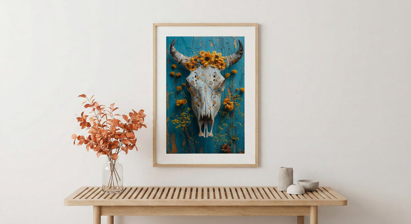Cow Skull Desert Art Print, Boho Southwestern Wall Decor - Yellow Wildflower Summer Scene
