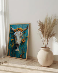 Cow Skull Desert Art Print, Boho Southwestern Wall Decor - Yellow Wildflower Summer Scene