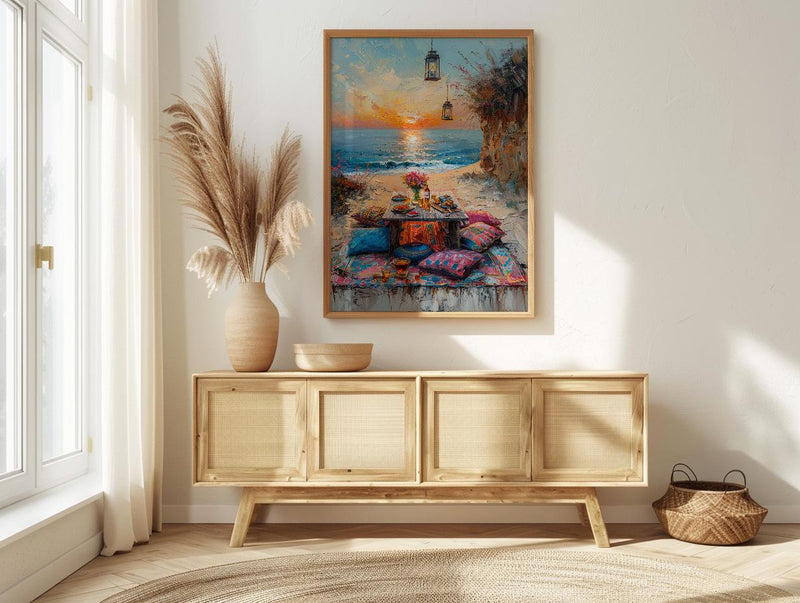 Boho Desert Picnic Poster, Colorful Summer Sunset Room Decor - Vibrant Rug Golden Sand