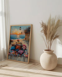 Boho Desert Picnic Poster, Colorful Summer Sunset Room Decor - Vibrant Rug Golden Sand
