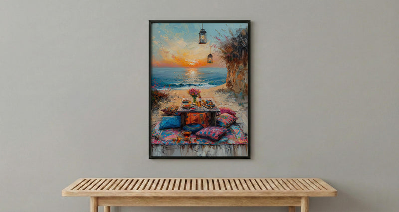 Boho Desert Picnic Poster, Colorful Summer Sunset Room Decor - Vibrant Rug Golden Sand