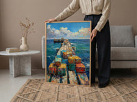 Lobster Trap Coastal Art Print, Maine Pier Nautical Decor - Colorful Buoy Summer Ocean
