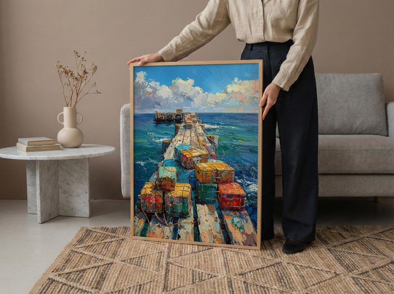 Lobster Trap Coastal Art Print, Maine Pier Nautical Decor - Colorful Buoy Summer Ocean