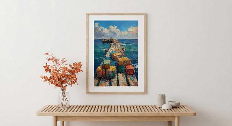 Lobster Trap Coastal Art Print, Maine Pier Nautical Decor - Colorful Buoy Summer Ocean