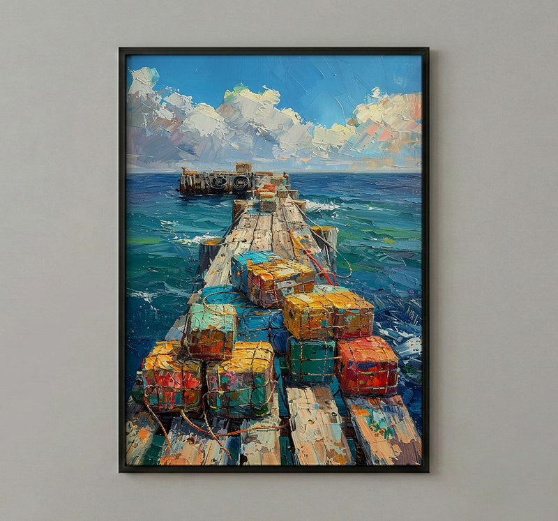 Lobster Trap Coastal Art Print, Maine Pier Nautical Decor - Colorful Buoy Summer Ocean