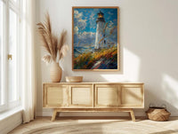 Lighthouse Seagrass Beach Wall Art, Classic Coastal Ocean Decor - White Tower Summer Wind