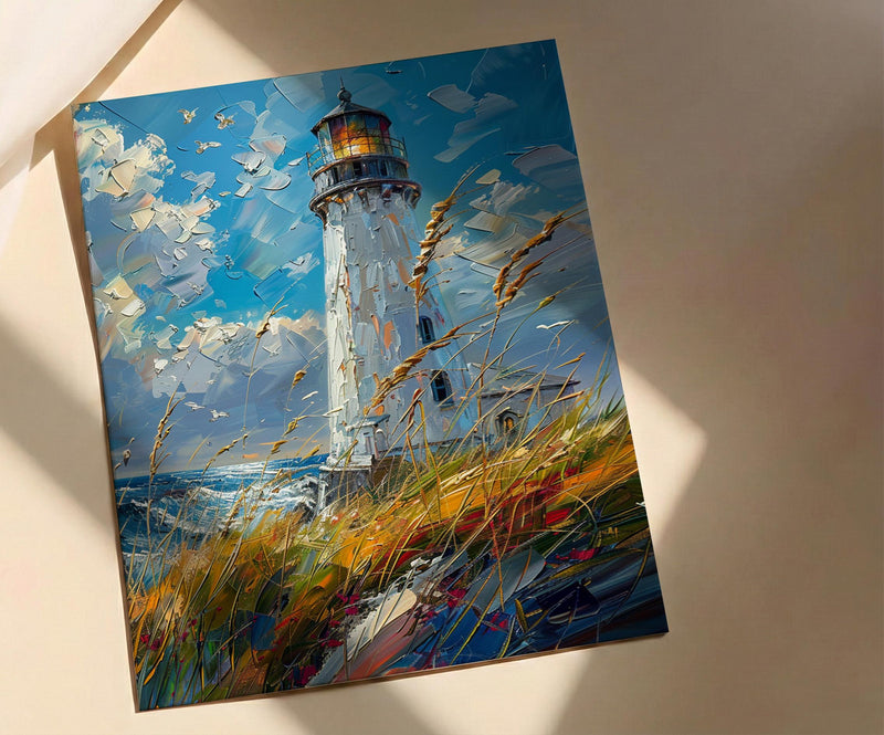 Lighthouse Seagrass Beach Wall Art, Classic Coastal Ocean Decor - White Tower Summer Wind