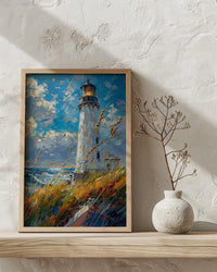 Lighthouse Seagrass Beach Wall Art, Classic Coastal Ocean Decor - White Tower Summer Wind