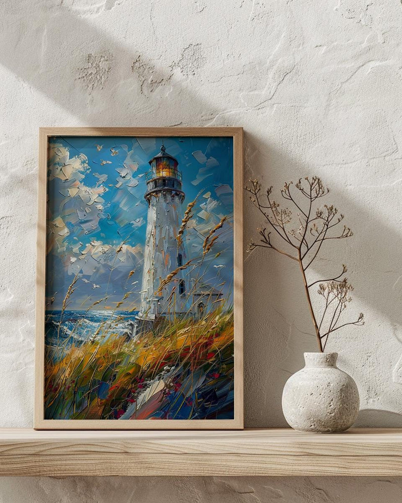 Lighthouse Seagrass Beach Wall Art, Classic Coastal Ocean Decor - White Tower Summer Wind