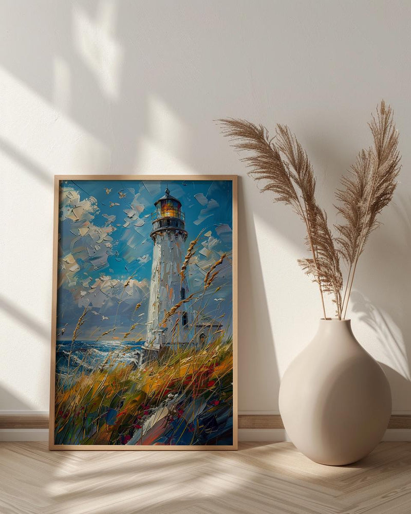 Lighthouse Seagrass Beach Wall Art, Classic Coastal Ocean Decor - White Tower Summer Wind