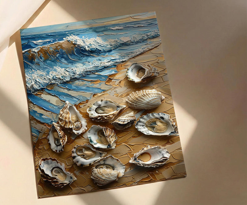 Oyster Shell Beach Poster, Preppy Coastal Striped Navy Decor - Golden Summer Sand Scene