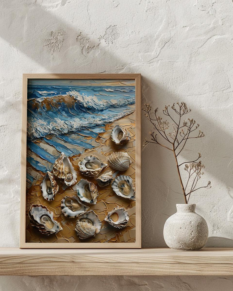 Oyster Shell Beach Poster, Preppy Coastal Striped Navy Decor - Golden Summer Sand Scene