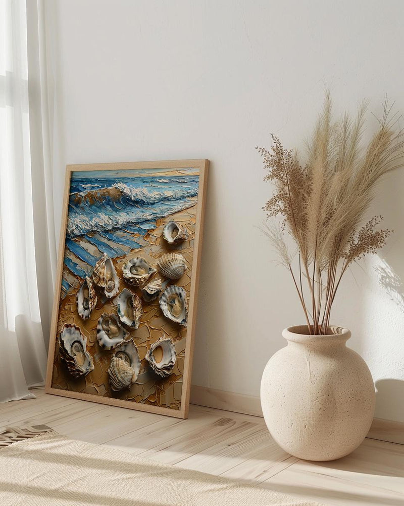 Oyster Shell Beach Poster, Preppy Coastal Striped Navy Decor - Golden Summer Sand Scene