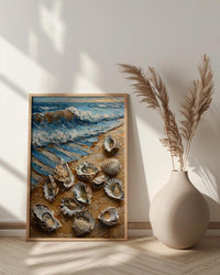 Oyster Shell Beach Poster, Preppy Coastal Striped Navy Decor - Golden Summer Sand Scene
