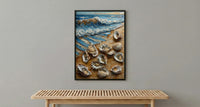Oyster Shell Beach Poster, Preppy Coastal Striped Navy Decor - Golden Summer Sand Scene