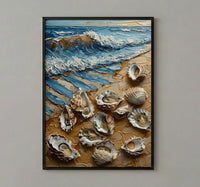 Oyster Shell Beach Poster, Preppy Coastal Striped Navy Decor - Golden Summer Sand Scene