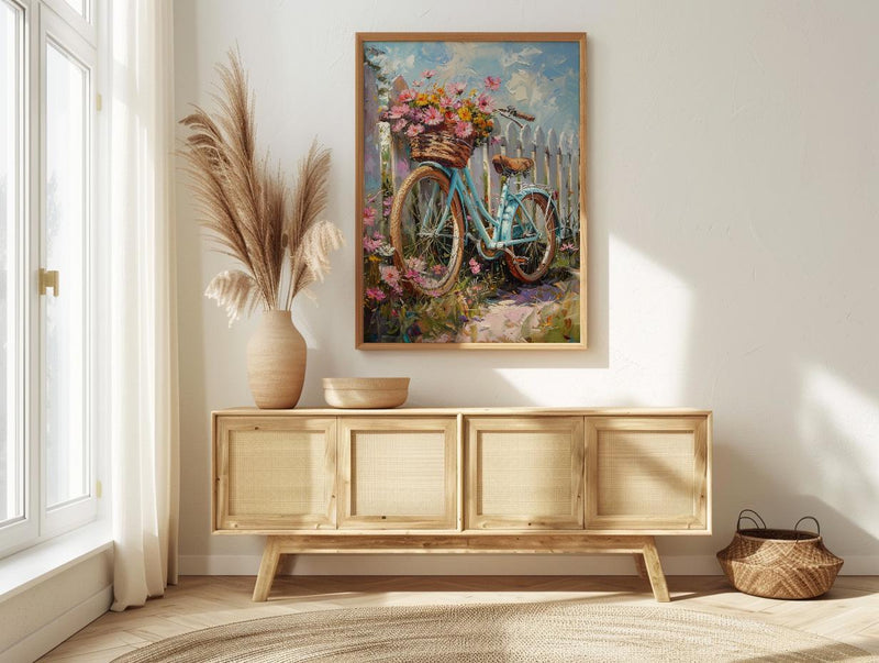 Preppy Beach Bicycle Art Print, Coastal Summer Flower Decor - White Picket Fence View