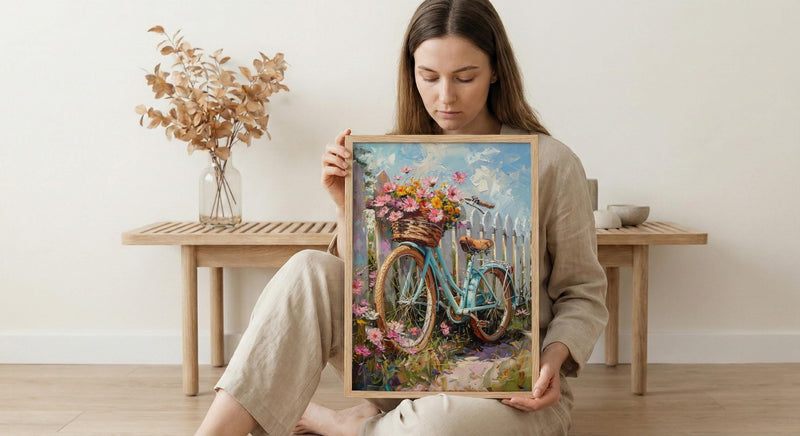 Preppy Beach Bicycle Art Print, Coastal Summer Flower Decor - White Picket Fence View