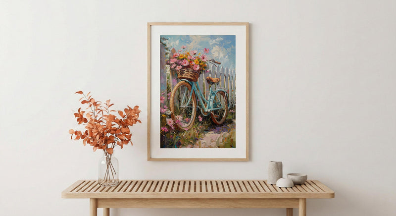 Preppy Beach Bicycle Art Print, Coastal Summer Flower Decor - White Picket Fence View