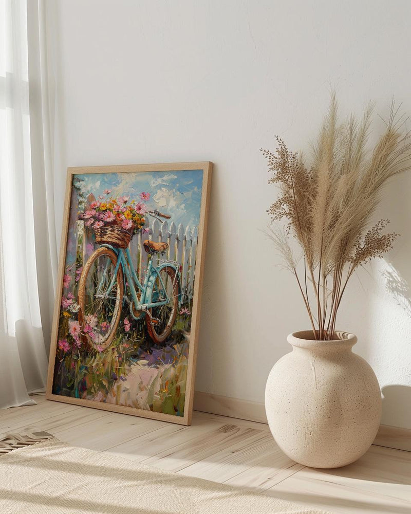 Preppy Beach Bicycle Art Print, Coastal Summer Flower Decor - White Picket Fence View