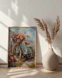 Preppy Beach Bicycle Art Print, Coastal Summer Flower Decor - White Picket Fence View