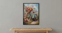 Preppy Beach Bicycle Art Print, Coastal Summer Flower Decor - White Picket Fence View
