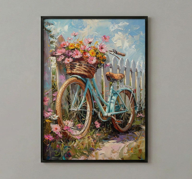 Preppy Beach Bicycle Art Print, Coastal Summer Flower Decor - White Picket Fence View