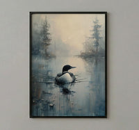 Loon Bird Misty Lake Poster, Calm Canadian Wildlife Decor - Deep Blue Summer Water