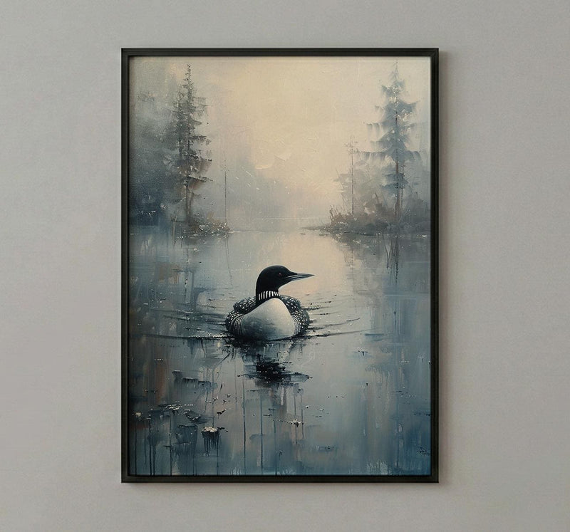 Loon Bird Misty Lake Poster, Calm Canadian Wildlife Decor - Deep Blue Summer Water