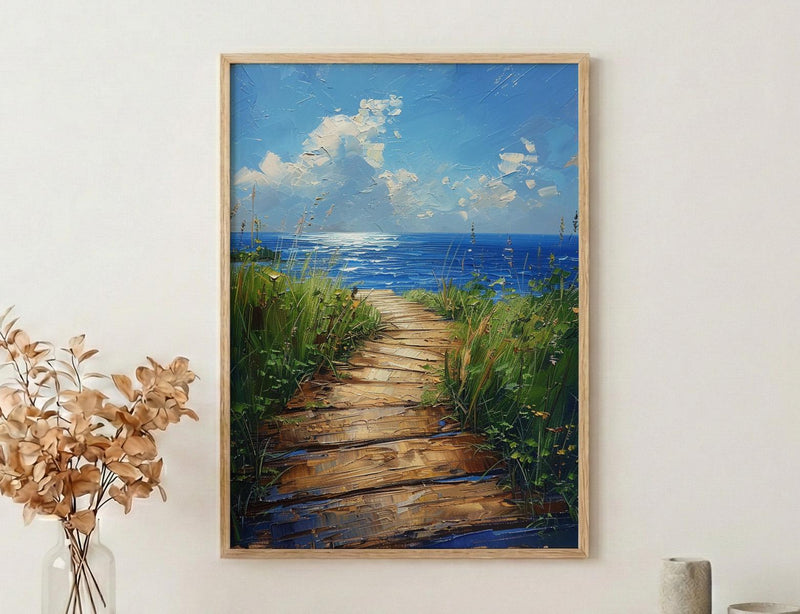 Wooden Boardwalk Lake Art Print, Green Summer Grass Decor - Hidden Blue Water View