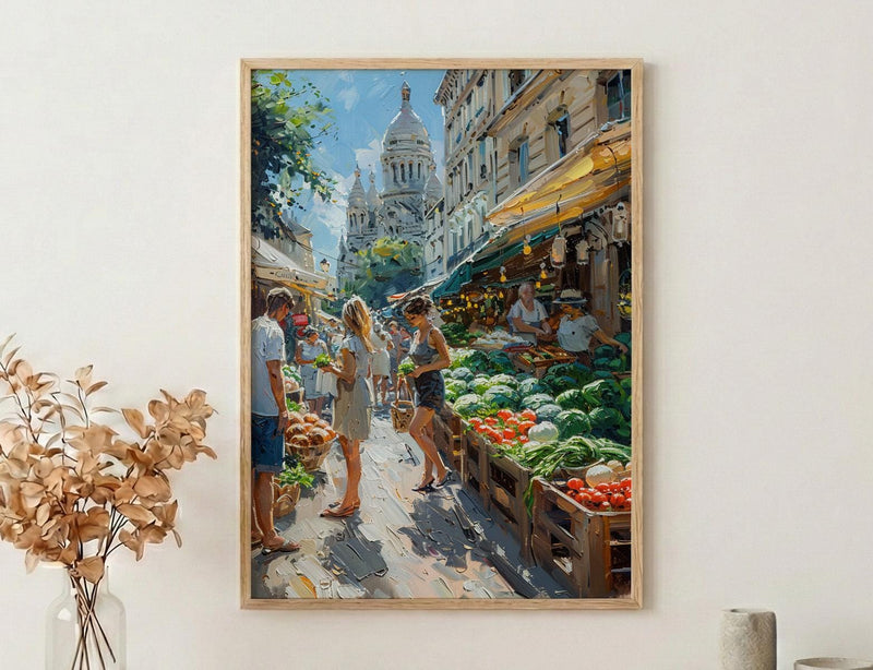 Paris Market Art Print, Organic Food Home Decor - Rustic Bread Green Vegetable Summer Setting