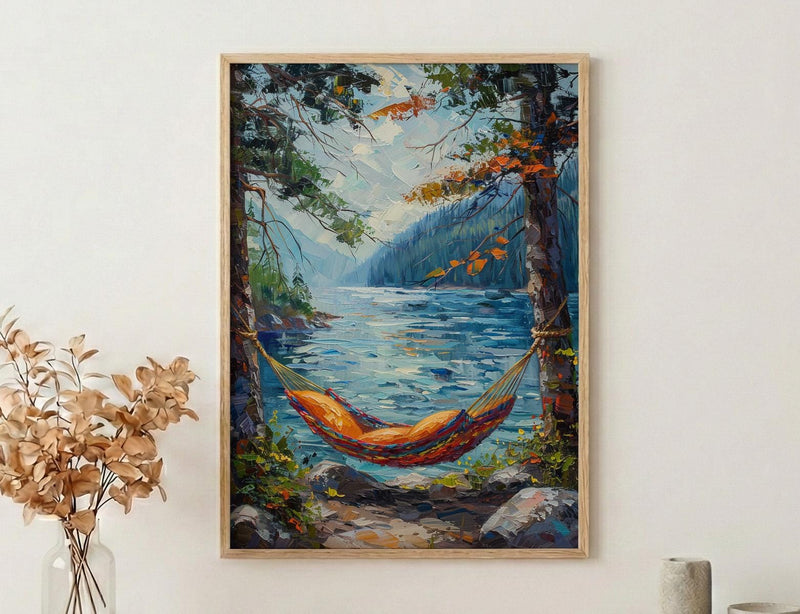 Colorful Hammock Pine Wall Art, Cozy Summer Forest Decor - Bright Blue Lake Scene