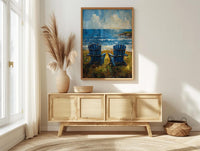 Adirondack Chair Ocean Wall Art, Navy Blue Coastal Decor - Green Lawn Summer Scene