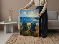 Adirondack Chair Ocean Wall Art, Navy Blue Coastal Decor - Green Lawn Summer Scene
