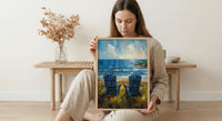 Adirondack Chair Ocean Wall Art, Navy Blue Coastal Decor - Green Lawn Summer Scene